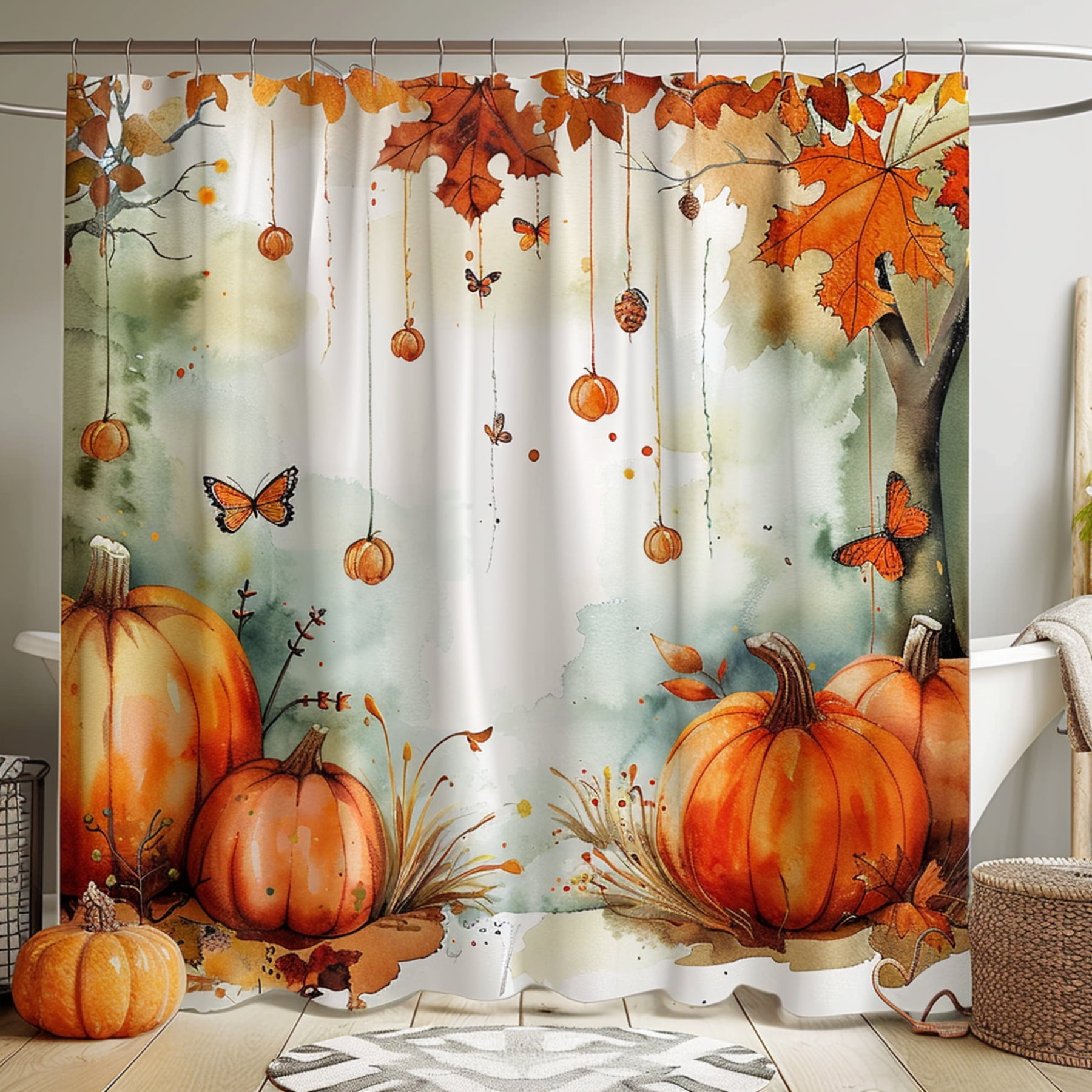 Vintage Watercolor Fall Themed Shower Curtain Warm Tones Cozy Autumn