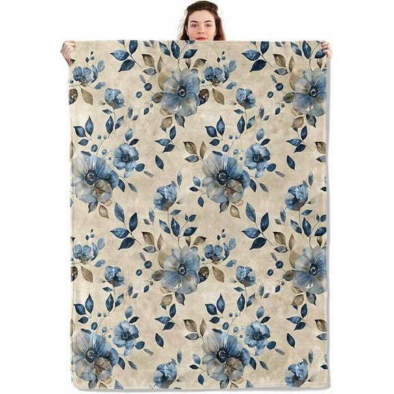 Vintage Watercolor Floral Blanket Lightweight Blankets Gifts for Adults Flannel Throw with Blue Flower Printed for Sofa, Bed, Travel, Picnic, Camping, Office, Retro Decor Throws