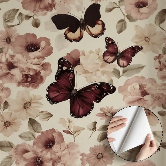 Vintage Watercolor Floral Butterfly Wallpaper Self Adhesive Removable Waterproof Rustic Boho Home Decoration for Living Room Bedroom Bathroom Kitchen Cabinet Drawer Shelf 17.7 * 118 in
