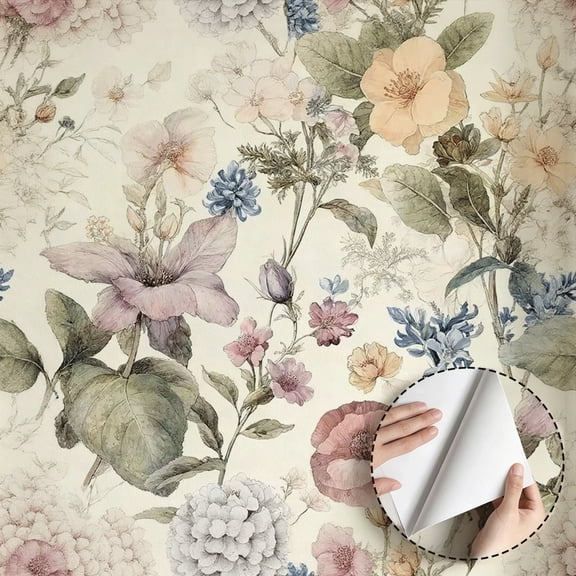 Vintage Watercolor Floral Wallpaper Boho Rustic Peel and Stick Wallpaper Waterproof Home Decor for Living Room Bedroom Bathroom Kitchen Cabinet Drawer Dorm Room 17.7 * 78.5 in