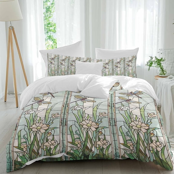 Vintage Watercolor Flower Full Size Comforter Set, Dragonfly Green Leaf Medieval Art Butterfly Bedding for All Seasons, 4 Pcs Bed Set, 1Quiltcover (86"x86") ,1Sheet(80"x116"), 2Pillowcases (30"x20")