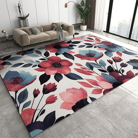 Vintage Watercolor Flowers Area Rug, Ladies Pink Blue Flowers Indoor Bedside Rugs, with Non Slip Backing Washable Rug for Woman Living Room Bedroom Kitchen Dining Room Floor Mat 2 x 3ft