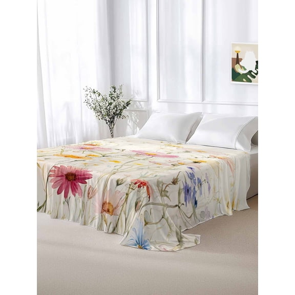Vintage Watercolor Garden Flower California King Size Flat Sheet Only,Soft Top Bed Sheets Breathable Bedding Sheet Country Blossom Floral Flax Microfiber Hotel Flat Sheets