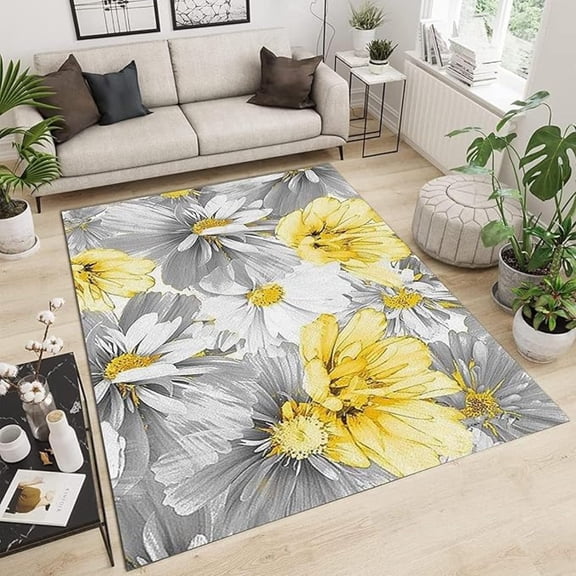Vintage Watercolor Gray Flowers Area Rug, Abstract Yellow Gray Flowers Farmhouse Rugs, With Anti-Slip Backing Washable Indoor Carpet For Living Room Bedroom Study Dining Room 1x2ft