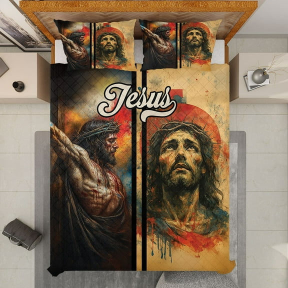 Vintage Watercolor Jesus Quilt Bedding Set – Christian Faith Quilt Blanket & Pillowcases – Religious Cross Quilt Bed Set