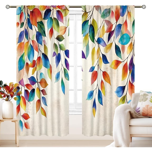 Vintage Watercolor Leaf Curtains 52Wx84H Inch Rod Pocket Retro Boho Floral Rustic Colorful Leaves Plant Botany Nature Art Printed Luxury Living Room Bedroom Window Drapes Treatment 2 Panels