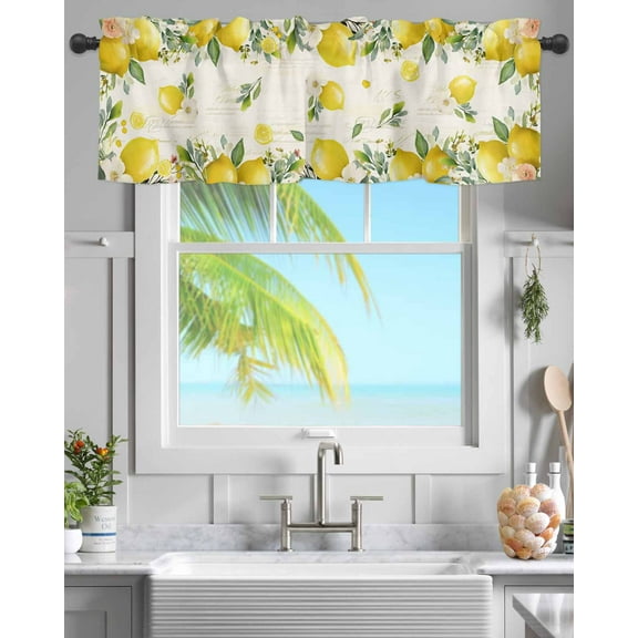 Vintage Watercolor Lemon Leaf Floral Curtain Valances for Kitchen Windows,Rod Pocket Short Valance Farmhouse Fruit Plant Small Window Treatment for Living Room Bathroom Bedroom,54"x18"-1 Panel