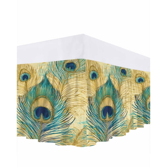 Vintage Watercolor Peacock Feathers Ruffle Bed Skirt California King Size Purple Blue Painting Adjustable Elastic Dust Bed Skirts Wrap Around Bedskirt Wrinkle Free Easy Fit with 18 Inch Drop