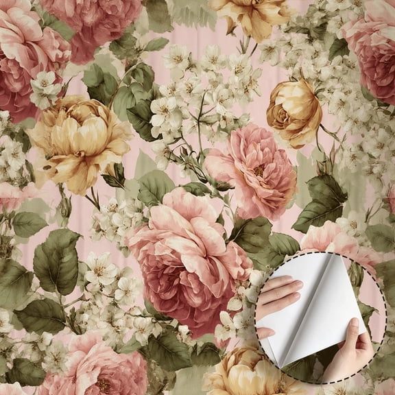 Boho Vintage Gold Blue Floral Leaves Wallpaper Peel and Stick Waterproof, Self-Adhesive Removable Wall Decor for Living Room, Bedroom, Bathroom, Kitchen Cabinet, Dorm Room 17.7 * 196.7 in