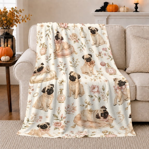Vintage Watercolor Pug Dogs Pattern Roses Romantic Nostalgic, Cozy Pet Portrait Pattern, Warm Flannel Blanket for Living Room and Bedroom, Dog Lovers Valentine's Day Gift, Pet Lover Home Decor