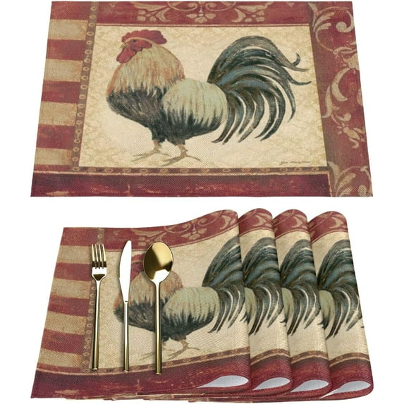 Vintage Watercolor Rooster Placemats Set of 6 Fabric Placemats Square Placemat for Kitchen Table Heat Resistant, Easy to Clean Table Placemats 12x18 Inch