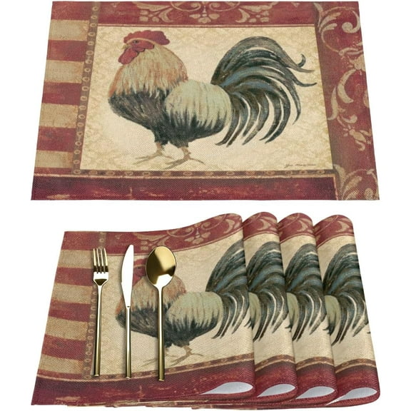 Vintage Watercolor Rooster Placemats Set of 6 Fabric Placemats Square Placemat for Kitchen Table Heat Resistant, Easy to Clean Table Placemats 12x18 Inch