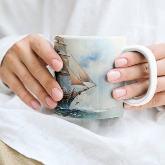 Vintage Watercolor Sailing Ship Ceramic Mug Nautil Ocean Theme, Beach House Dr.