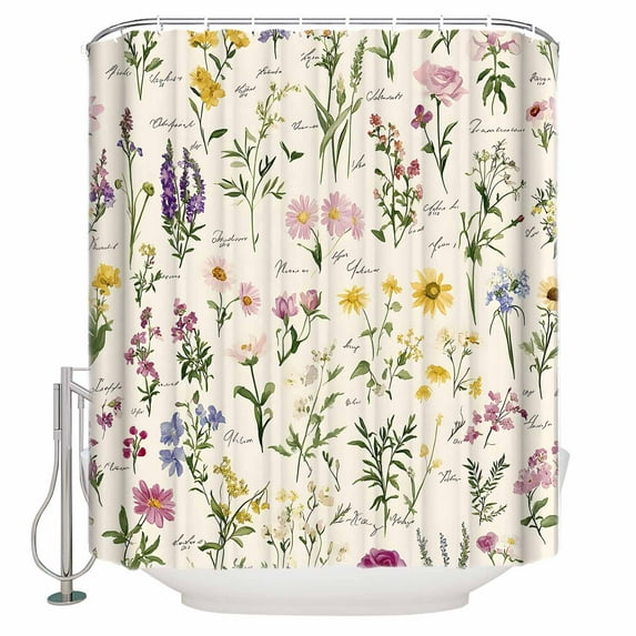 Vintage Watercolor Shower Curtain, 36" x 72", Wildflowers Leaves Botanical Rustic Waterproof Bathroom Curtain Washable Shower Curtain Set with 12 Hooks