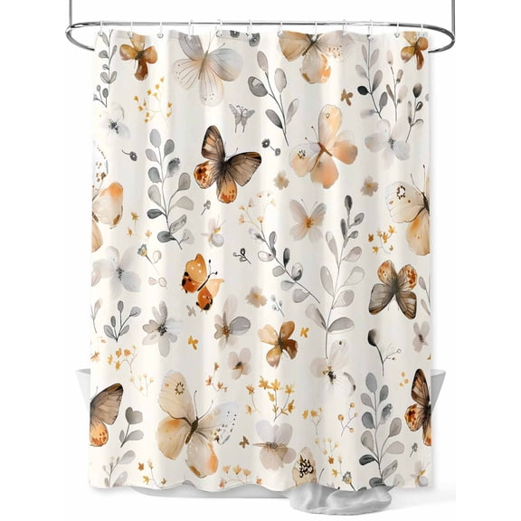 Vintage Watercolor Shower Curtain, Butterfly Flower Plants Leaves Boho Beige Waterproof Shower Curtain Set with 12 Hooks Lightweight Washable Fabric Shower Curtains for Bathroom 72x72 Inches