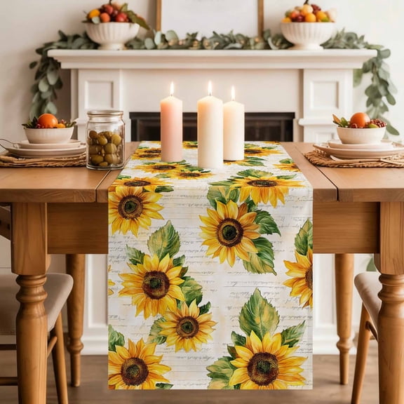 Vintage Watercolor Sunflower Table Runner 90 Inches Long,Kitchen Dining Tablerunners Pastoral Blossom Floral Linen Table Runners Dresser Scarves for Home Dinner Wedding Holiday Party Decor