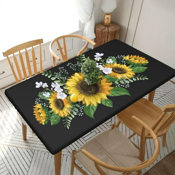 Vintage Watercolor Sunflowers and Butterflies Tablecloth with Elastic Edge for 5ft Rectangle Table,Washable Table Cover for Kitchen Dining Party Outdoor Picnic Decoration, 60" L X 30" W