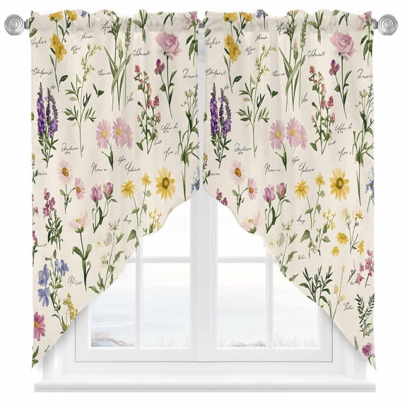 Vintage Watercolor Swag Valances for Windows 2 Pack Wildflowers Leaves Botanical Rustic Swag Kitchen Curtains 36 Inches Long Rod Pocket Short Window Treatment for Kitchen Bathroom 28"x36"