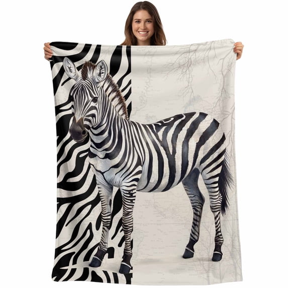 Vintage Watercolor Throw Blankets, Zebra Pattern Texture Soft Fleece Blanket Decorative for Home Sofa Couch Chair Living Bedroom, 30x40 Inches, Black White