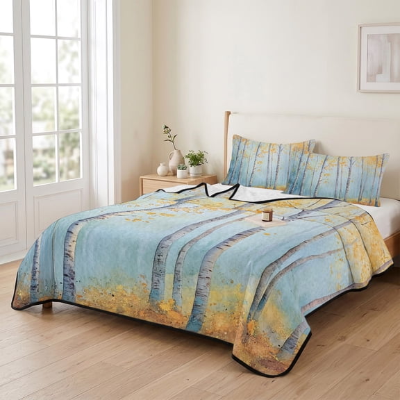 Vintage Watercolor Tree Trunk 3 Pieces Quilt Set,1 Quilt with 2 Shams,Retro Wild Natural Forest Trees Bedspread Soft Lightweight Bedding Coverlet Comforter Set for All Season 90"x96"