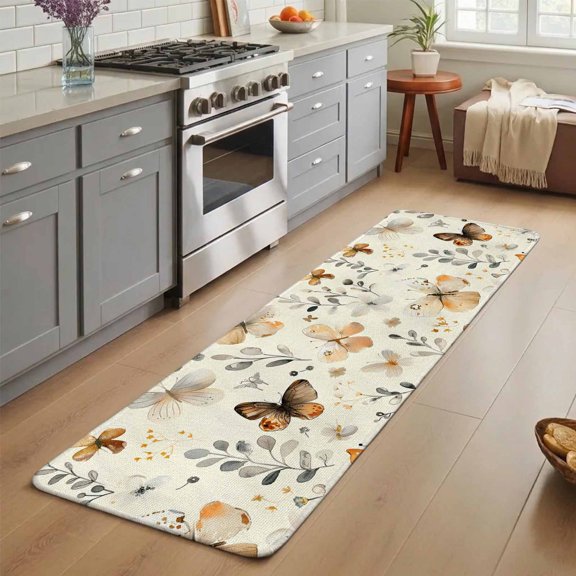 Vintage Watercolor Washable Runner Rug 2X5 ft Butterfly Flower Plants Leaves Boho Beige Non-Slip Hallway Runner Rug, Linen Kitchen Runner Mats, Indoor Floor Carpet for Entryway Bathroom Bedroom