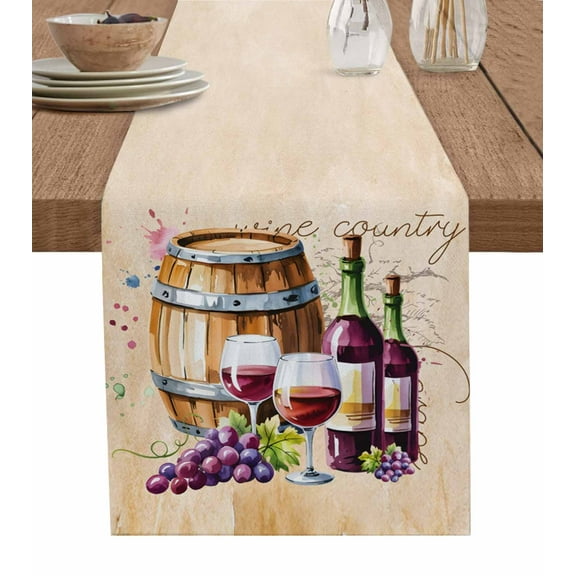 Vintage Watercolor Wine Burlap Cotton Table Runner 13x60 Inches Long, Farmhouse Cask Grapes Country Farmhouse Table Runners, Outdoor Dining Tablecloths Decor for Baby Shower/Party/Wedding