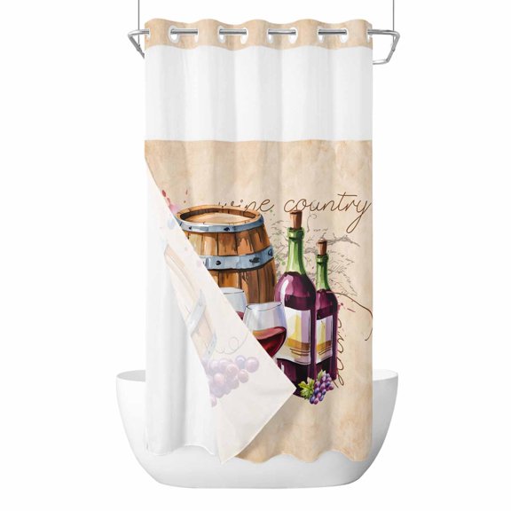 Vintage Watercolor Wine No Hook Shower Curtain Waterproof,Bathroom Curtains with Snap in Liners and See Through Top Window,Farmhouse Cask Grapes Country Hotel Style Bathtub Curtains Shower 36"Wx72"L
