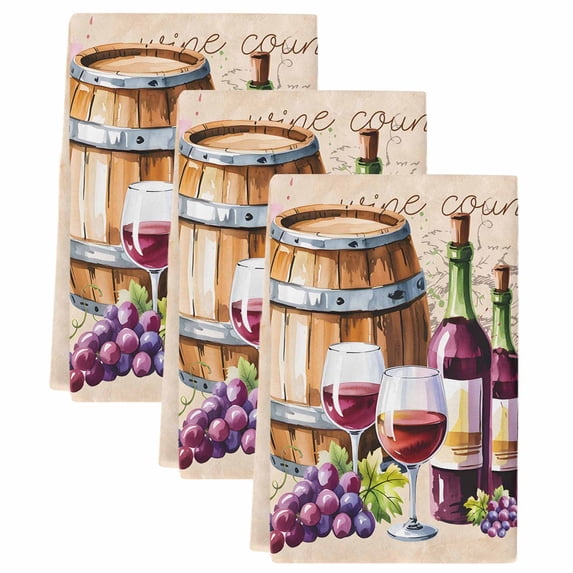 Vintage Watercolor Wine Kitchen Towels Set of 3, Farmhouse Cask Grapes Country Soft Microfiber Dish Towels, Absorbent Quick-Dry Washable Dishcloths for Kitchen Cleaning, Drying Dishes, 18x28 Inches