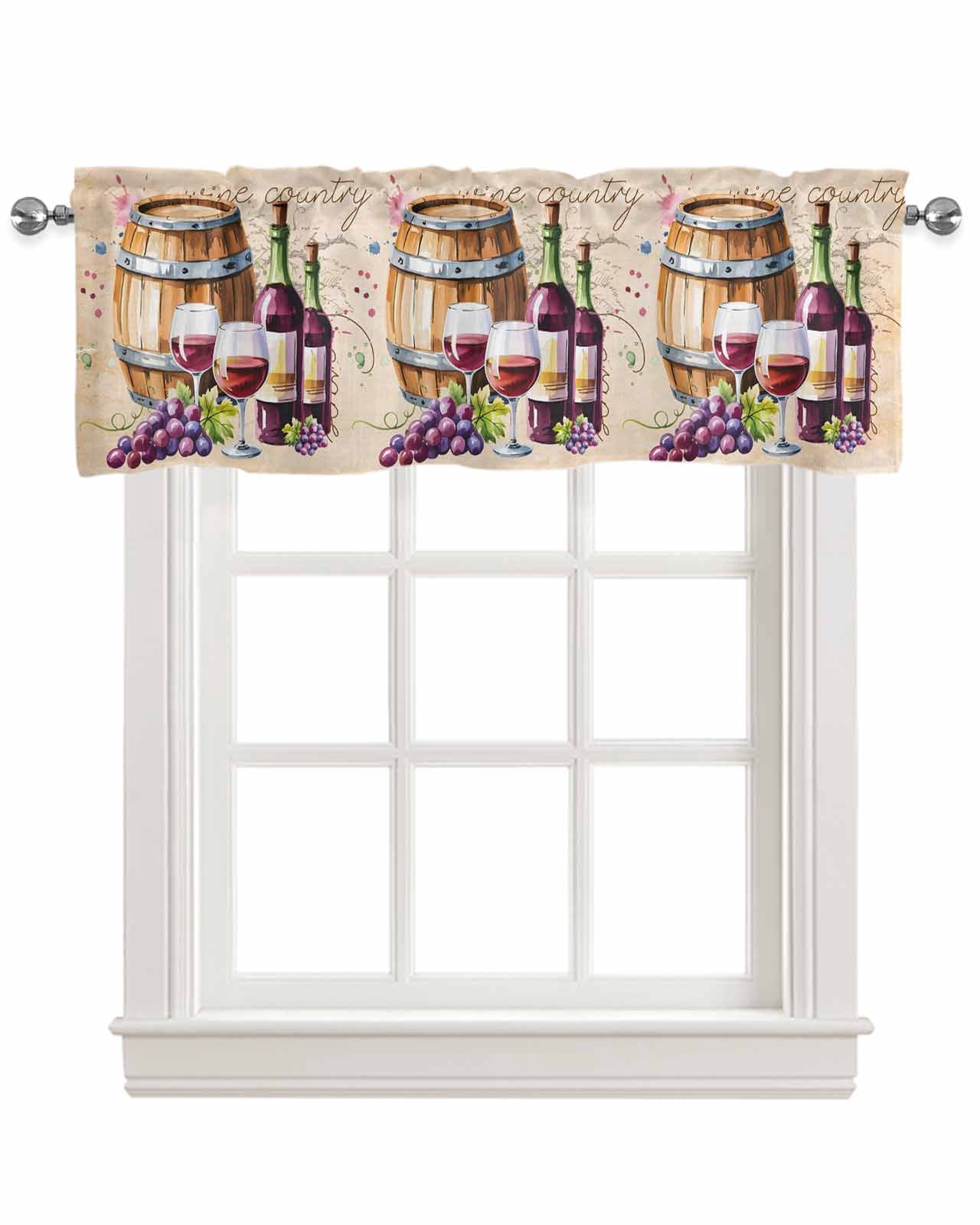 Vintage Watercolor Wine Kitchen Valances for Windows Farmhouse Linen Window Valance Curtain for Living Room Window Treatment Farmhouse Cask Grapes Country Valance Rod Pocket Topper, 60 x 18 Inch