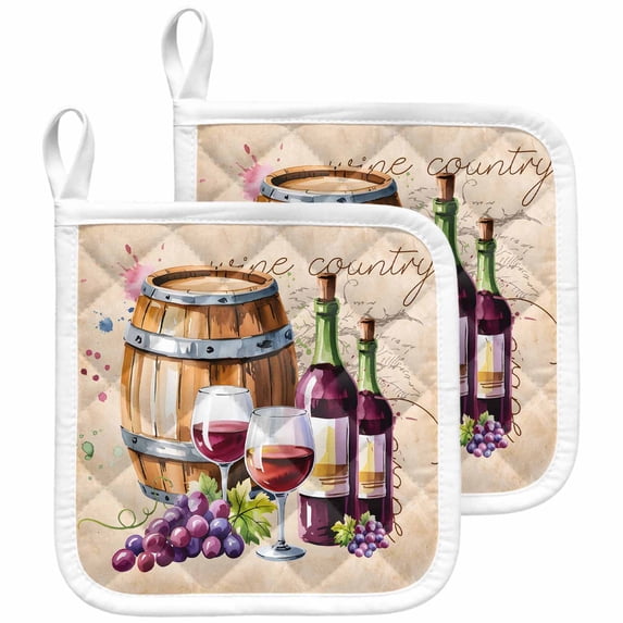 Vintage Watercolor Wine Pot Holders for Kitchen Heatproof Potholder, 2 Pack Farmhouse Cask Grapes Country Hot Pads Multipurpose Oven Pads Cloth Potholders Trivet for Cooking and Baking