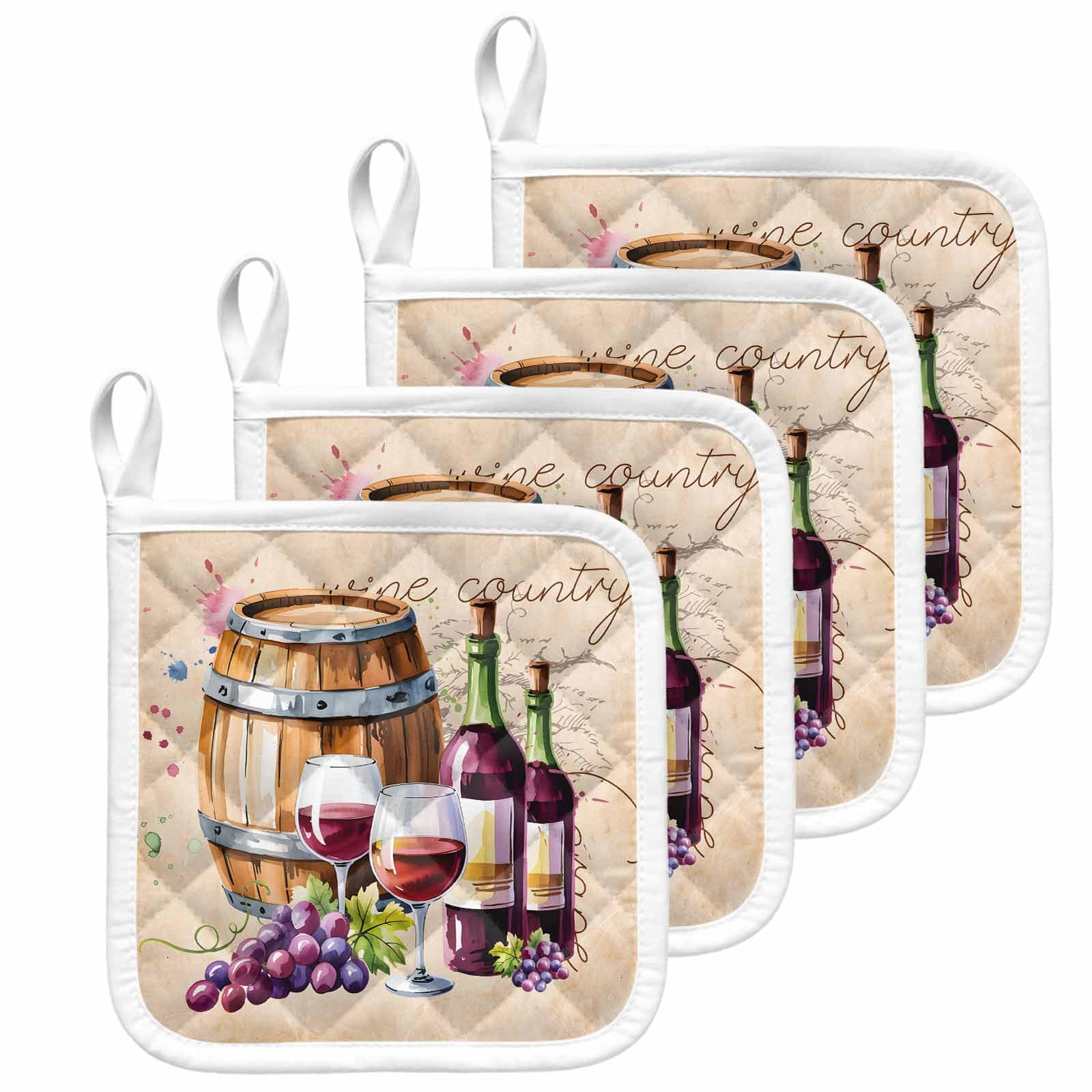 Vintage Watercolor Wine Pot Holders for Kitchen Heatproof Potholder, 4 Pack Farmhouse Cask Grapes Country Hot Pads Multipurpose Oven Pads Cloth Potholders Trivet for Cooking and Baking