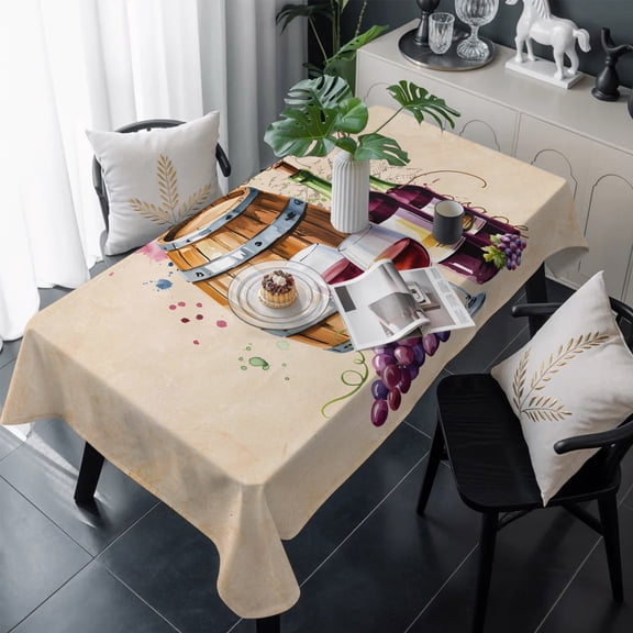 Vintage Watercolor Wine Table Cloth Waterproof Tablecloths, Farmhouse Cask Grapes Country Tablecloth Dining Table Cover for Kitchen Party Tabletop Outdoor, Rectangle Tablecloth 60x120 Inch