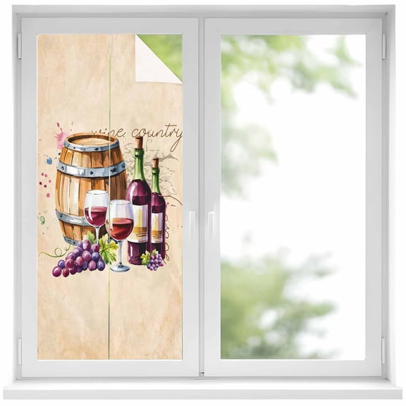 Vintage Watercolor Wine Window Privacy Film, Farmhouse Cask Grapes Country Static Cling UV Sun Blocking Heat Control Window Tint, Non-Adhesive One Way Windows Privacy Cover 19.6''x39.3''