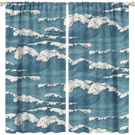 Vintage Wave Blackout Window Curtains, Hand Painted Wave Blue Storm Vintage Theme Style, Living Room Bedroom 42"W x 84"L (Pack of 2)