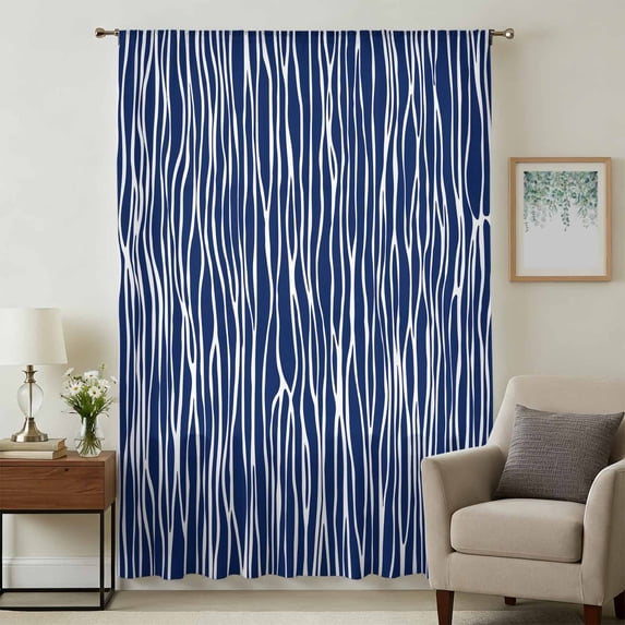 Vintage Wave Lines Sheer Curtains 54 Inches Long, Classic Minimalist Striped Navy Blue Light Filering Curtains, Breathable Simi Curtain Privacy Drapes for Kitchen Bathroom Small Window Treatment