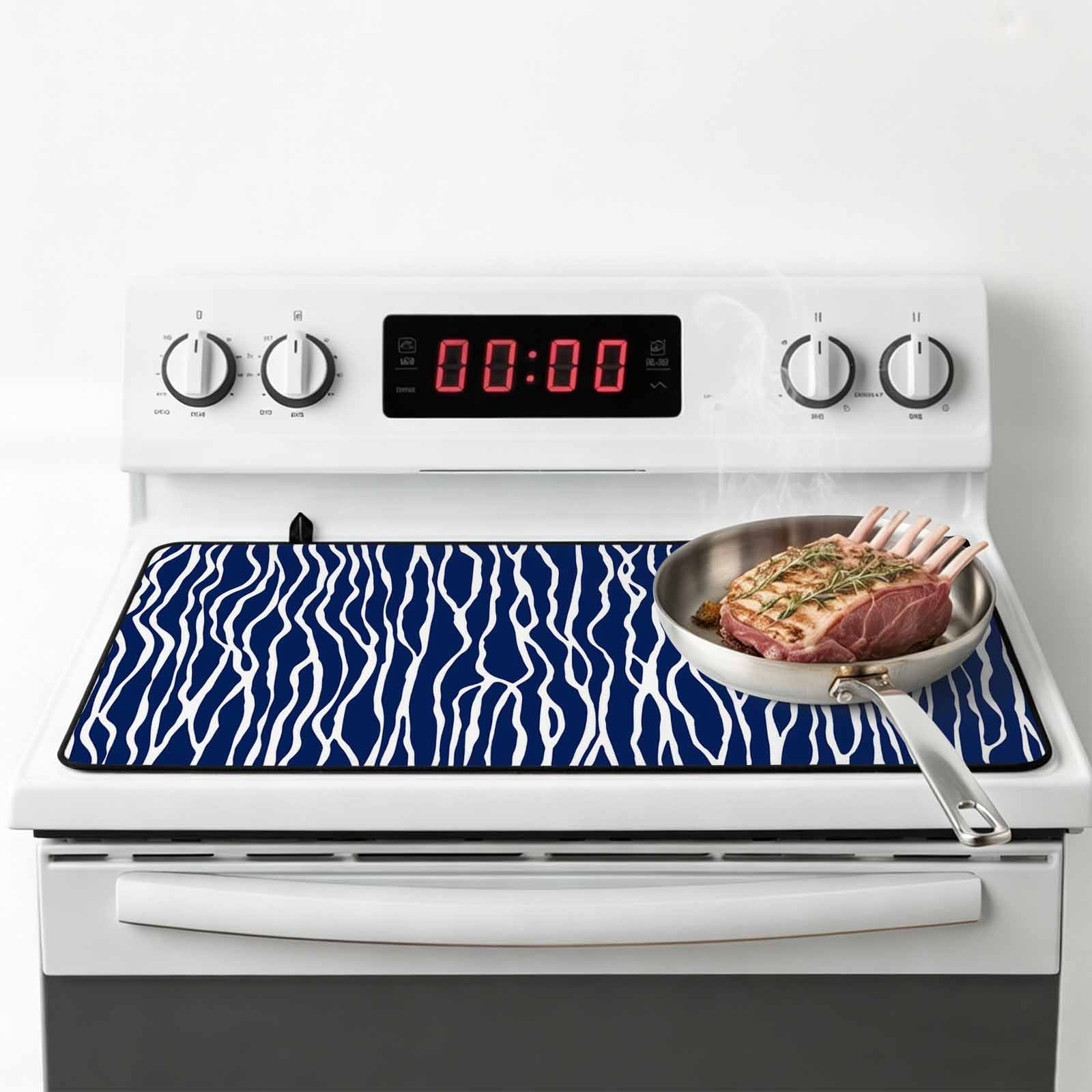 Vintage Wave Lines Stove Top Cover for Electric Stove, Heat-proof & Non Slip Glass Top Stove Cover Protector, Classic Minimalist Striped Navy Blue Kitchen Flat Cooktop Rubber Mat 24x21 Inches