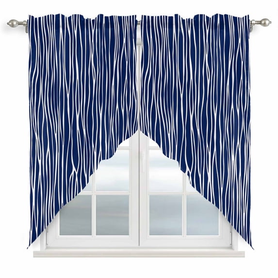 Vintage Wave Lines Swag Valances for Windows 2 Pack, Kitchen Window Curtains 36 Inch Length, Classic Minimalist Striped Navy Blue Privacy Swag Curtains for Living Room/Bathroom 36"x36"