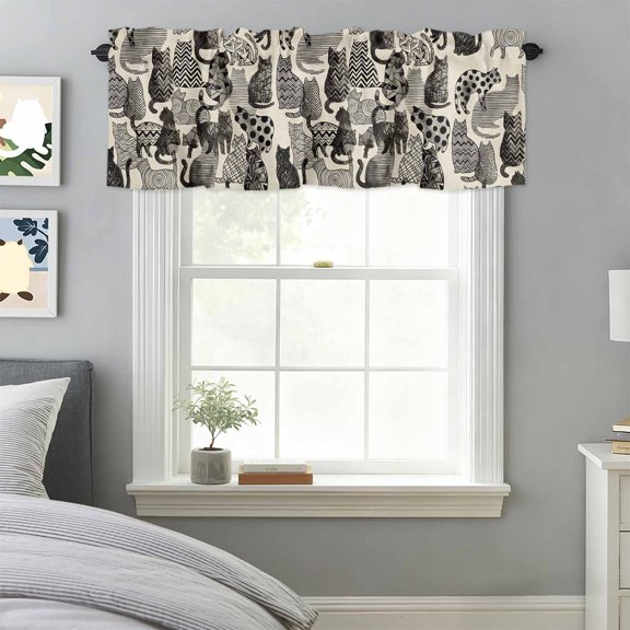 Vintage Wave Points Stripes Cats on Linen Valances for Windows,Kitchen Valance Rod Pocket Short Curtain, Geometric Texture Valance Curtain Window Valances for Bedroom Bathroom Living Room 42x18in