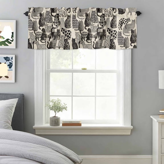 Vintage Wave Points Stripes Cats on Linen Valances for Windows,Rod Pocket Valance for Kitchen Bedroom Bathroom Living Room, Geometric Texture Window Valance Curtain Farmhouse Short Curtains 42x18in