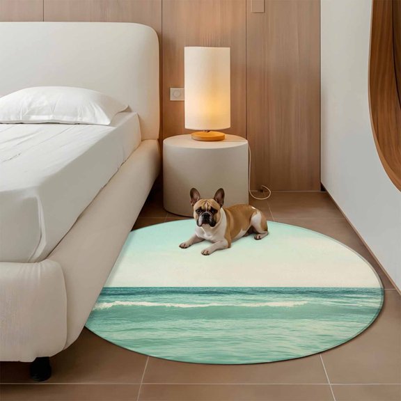 Vintage Waves 3ft Round Rug for Bathroom Accent Bedside Corner, Green Sea Sky Gradient Water Washable Non Slip Circle Area Rug for Small Spaces