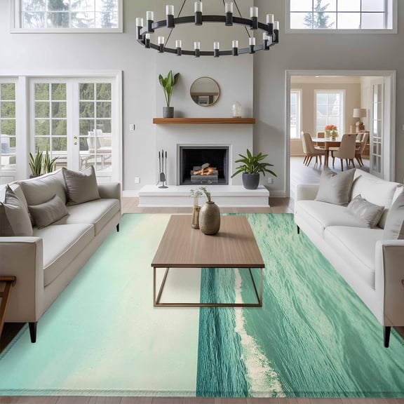 Vintage Waves 8x10 Area Rug for Living Room Sectional Sofa, Green Sea Sky Gradient Water Washable Non Slip Large Rectangle Area Rug
