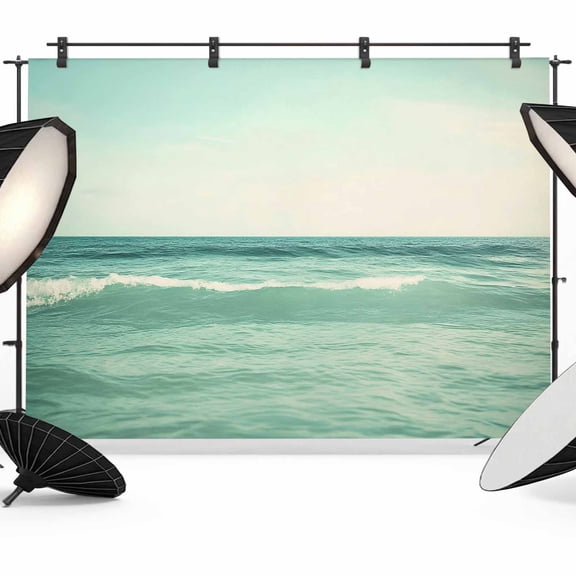 Vintage Waves Backdrop for Photography, Green Sea Sky Gradient Water Photo Backdrop Portrait Background Party Banner Photo Backgrounds for Studio Booth Props, 12x8ft