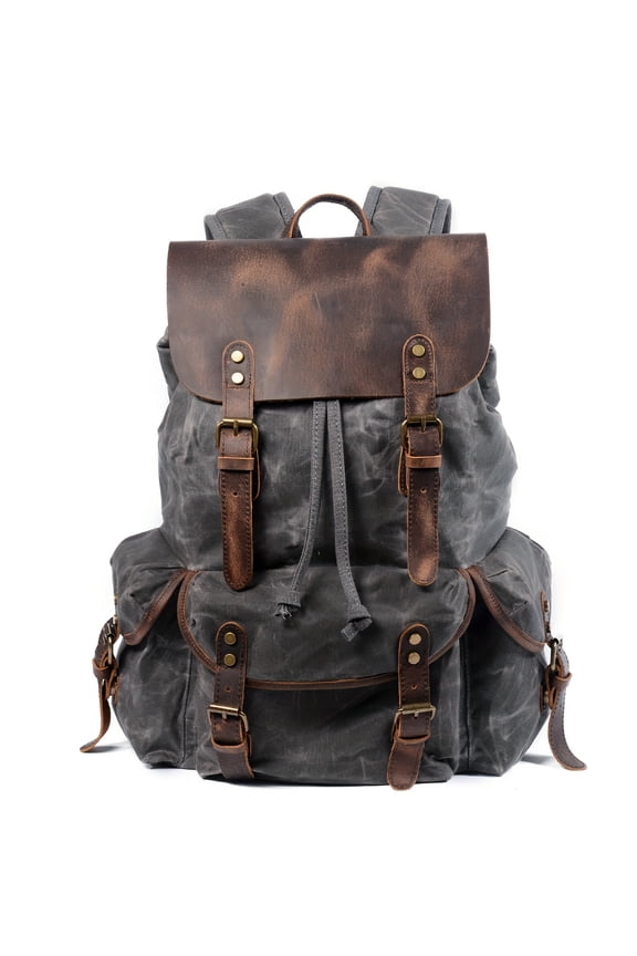 Vintage Waxed Canvas Leather Backpack for Men, Casual Large Laptop Shoulder Bag for Travel Daily Commute