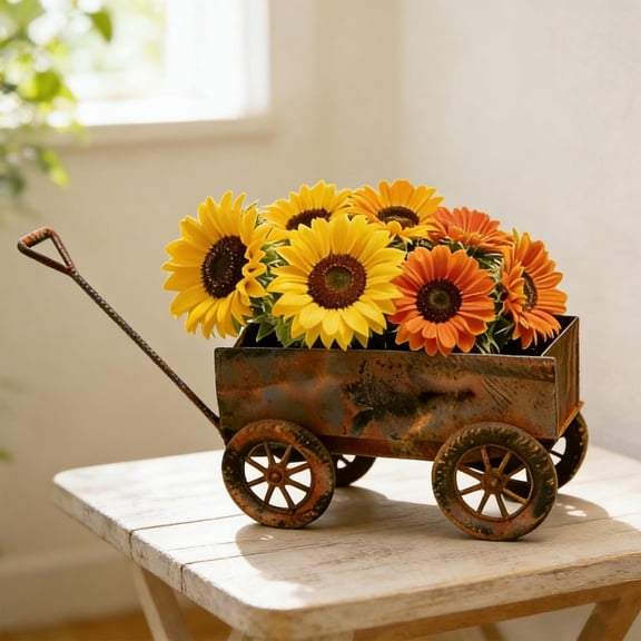 Vintage Weathered Iron Handcart Herb Keeper, Wrought Iron Flower Pot, Rustic Design, for Garden Balcony Patio Outdoor Decorative Gardening & Landscape