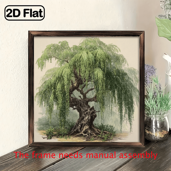 Vintage Weeping Willow Tree in Mist Wall Art - Elegant Misty Forest Painting with Dark trunk Branches, 8x8 Inch Wooden Framed Decor for Living Room, Bedroom, Office, Cafe - IndoorOutdoor Dec