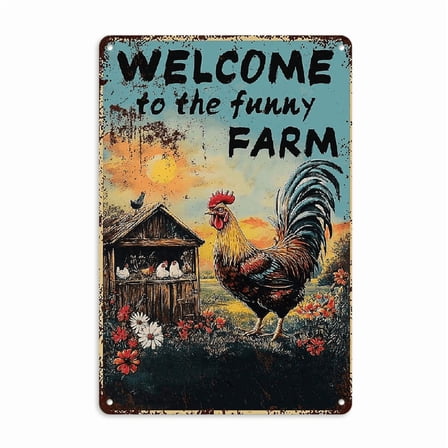 Vintage 'Welcome to the Funny Farm' Chicken Coop Sign - Rustic Metal Wall Decor for Home, Garden, or Bar, 12x8 Inch Retro Aluminum Plaque with Rooster & Birdhouse Design, Durable Outdoor & Indoor Use
