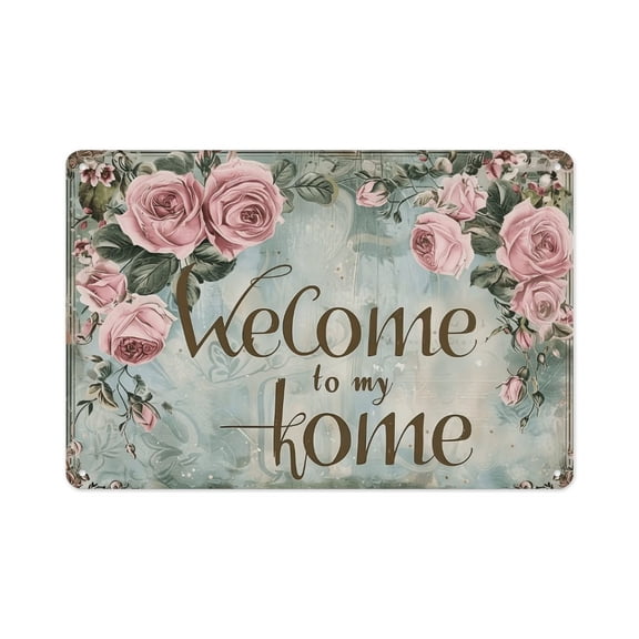 Vintage Welcome to My Home Floral Metal Sign, 8x12 Inch Shabby Chic Pink Rose Wall Decor, Distressed Farmhouse Tin Plaque for Entryway, Porch, Romantic Home Decor