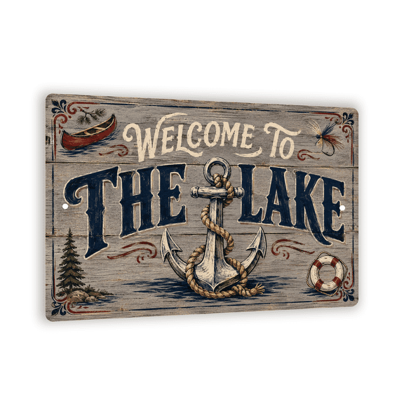 Vintage "Welcome to the Lake" Driftwood Metal Sign - Rustic Lake House Wall Decor - 8"x 12" Lake-Themed Wall Art For Lake House Owners And Cabin Decorators