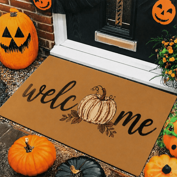 Vintage Welcome Pumpkin Fall Flannel Doormat, Rustic Autumn Harvest Non Slip Front Door Mat