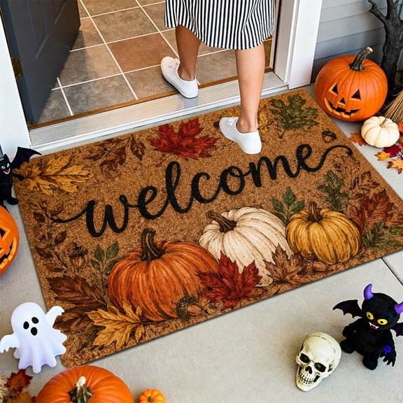 Vintage Welcome Pumpkin Maple Leaf Flannel Doormat, Fall Harvest Front Entry Floor Mat